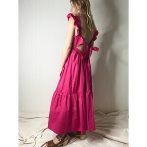 CAARA Ruffle Open Tie Bow Back Cotton Magenta Prairie Maxi Dress NWT US MEDIUM